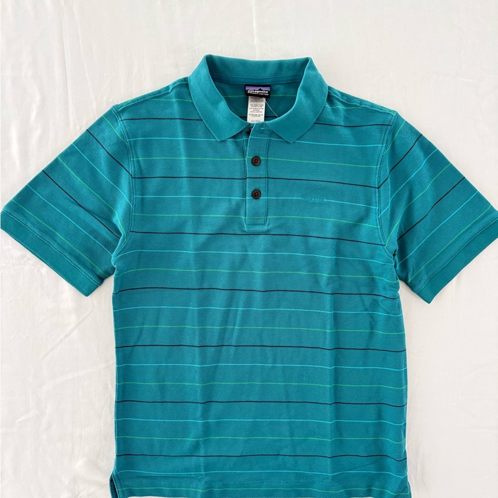 NWT New Patagonia Men’s Size XS Teal Striped Polo Shirt Organic Cotton